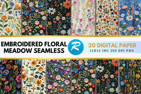 Embroidered Floral Meadow Digital Paper: A Design Asset with Texture