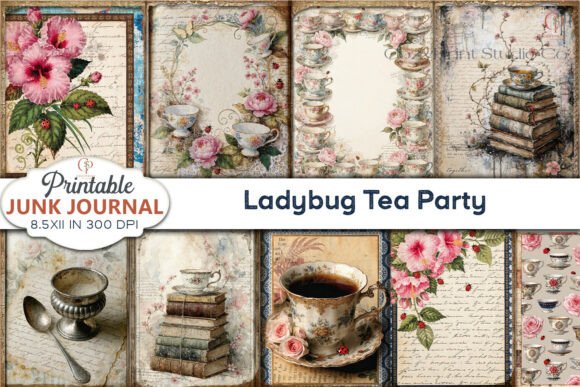 Ladybug Tea Party Junk Journal Pages: A Whimsical Design Asset